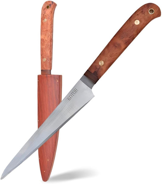 Traditional Japanese Handmade Fish Knife with Elegant Wooden Handle and Wooden Sheath, Double Edged Design, Flexible, Perfect for Filetting Long Fish, 5.9 Inches Blade (15 cm)